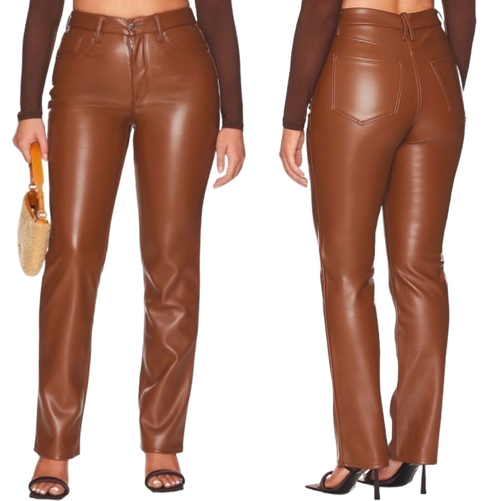 Good American Brown Faux Leather Straight Leg Pants